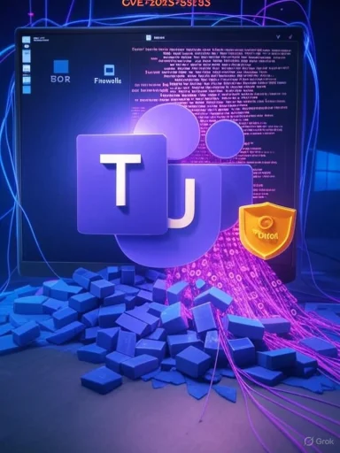 Neon tech collage featuring glowing purple tiles, shield emblem, blue bricks, and a code-lit laptop.