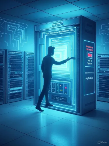 A person touches a glowing, tunnel-like portal inside a futuristic blue data center.