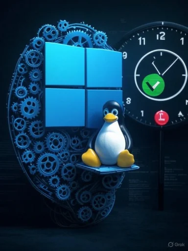 Linux penguin sits on a blue Windows logo amid gears and a clock.