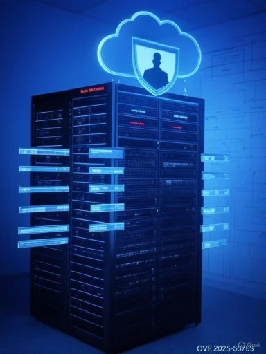 Blue-lit server racks in a data center with a cloud security shield icon overhead. Blue-lit server racks in a data center with a cloud security shield icon overhead.