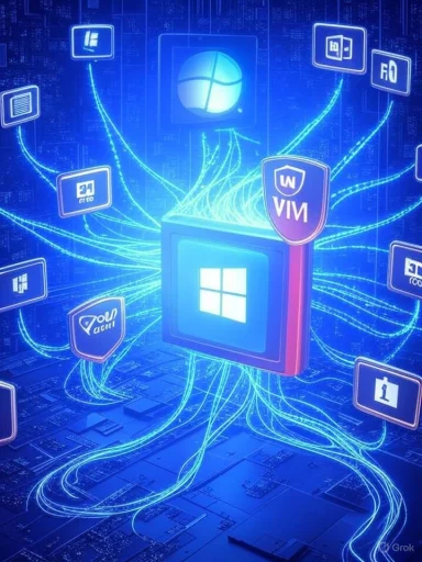 A neon blue circuit-like scene with a central Windows tile connected to floating app icons by glowing cables.