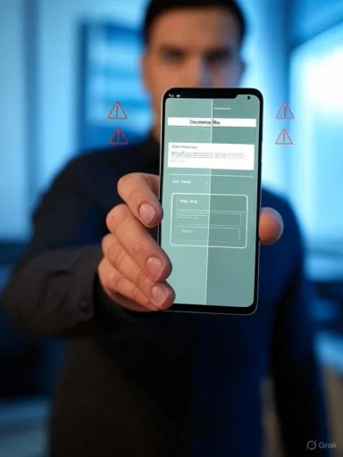 A man holds a phone displaying a futuristic form with red warning triangles hovering nearby.