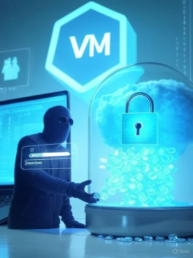 Hooded hacker guards virtual coins in a locked glass dome marked VM. Hooded hacker guards virtual coins in a locked glass dome marked VM.