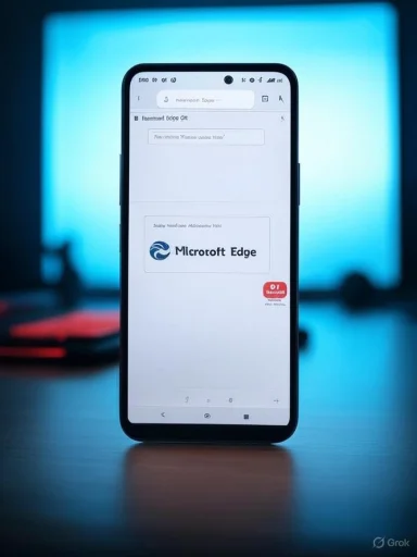 A smartphone on a desk displays the Microsoft Edge logo on its screen.