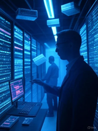 A person in a blue-lit data center monitors code on a screen beside server racks.