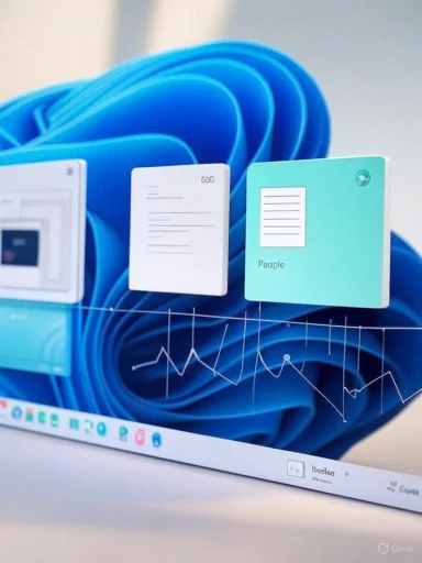 A computer screen shows floating UI cards and a line graph over a blue abstract background.