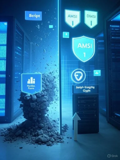 Blue data center with glowing shields and a dust plume rising from debris near the racks.