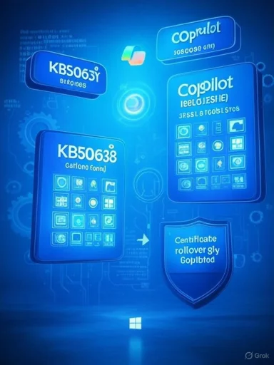 Blue holographic UI with floating panels labeled Copilot and code blocks.