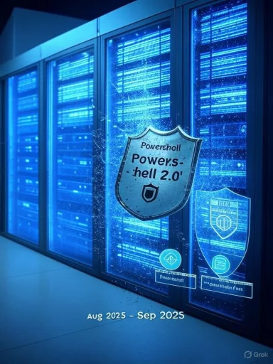 Blue-lit data center with rows of servers and a shield badge labeled Powerhell 2.0.