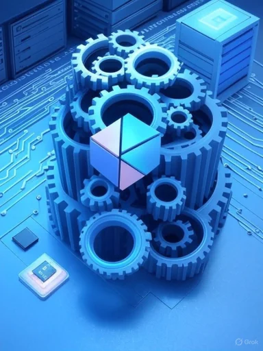 A blue gear-driven sculpture with interlocking gears surrounding a cube on a circuit-like platform.