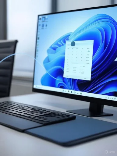 A sleek desk setup featuring a large monitor with blue abstract wallpaper and a wireless keyboard.