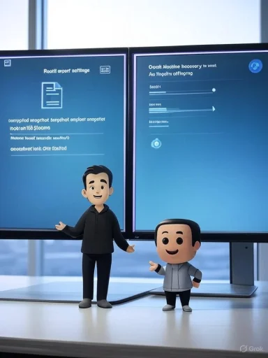 Two cartoon figures stand beside dual monitors displaying a blue interface.