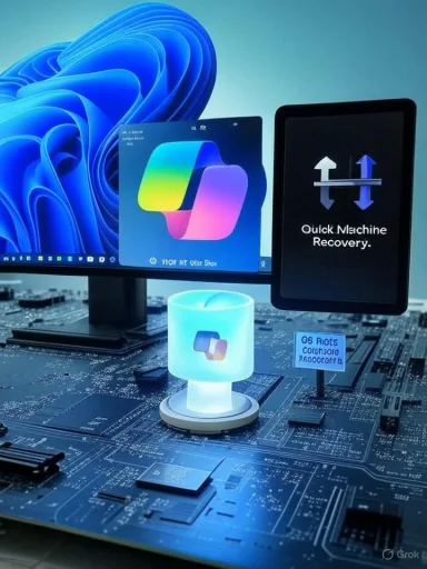 Futuristic desk setup on a circuit-board surface with a glowing holographic cup and multiple screens.