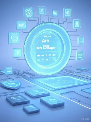 A glowing blue holographic interface centered on 'Arc Fleet Manager,' surrounded by floating panels.