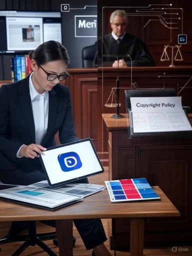 Lawyer uses a tablet to present digital evidence in a courtroom.