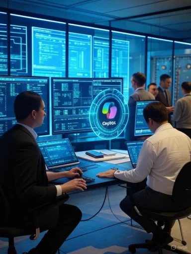 Tech analysts work at a high-tech control room with a blue holographic logo and multiple screens.