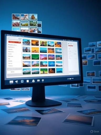 A computer monitor displays a grid of photo thumbnails as prints are scattered on a blue-lit desk.
