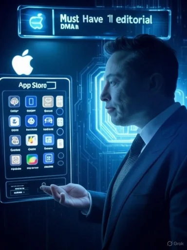 A suited man studies a blue holographic App Store interface on a futuristic screen.