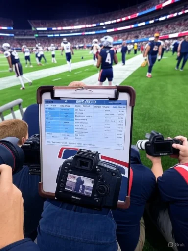 Cameramen capture a football game from the sideline as players warm up on the field.