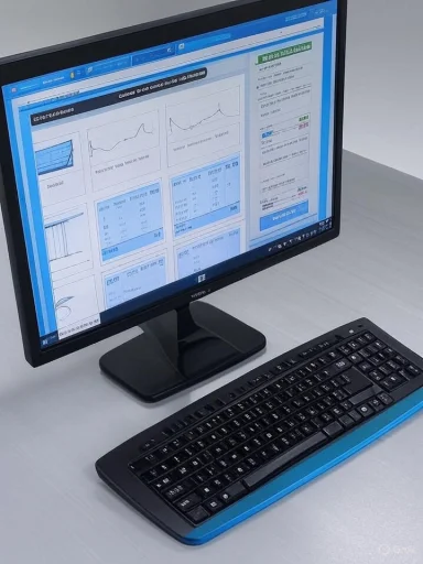 Desktop computer with a widescreen monitor showing a blue dashboard and a black keyboard on a light desk.