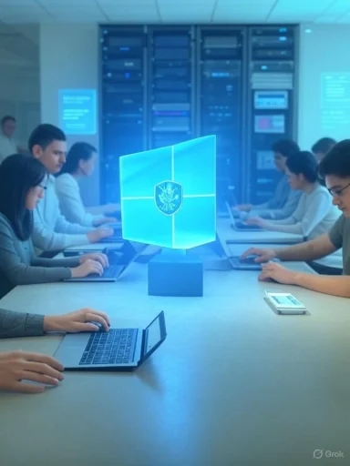 People in a server room work on laptops around a glowing blue cube with a crest.