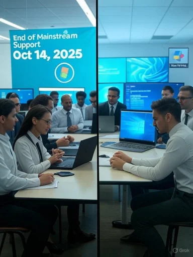 IT professionals in a meeting about the end of mainstream support (Oct 14, 2025).
