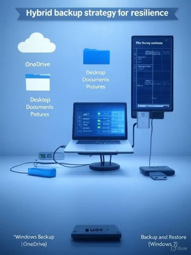 Infographic on a hybrid backup strategy for resilience using OneDrive cloud and local backups.