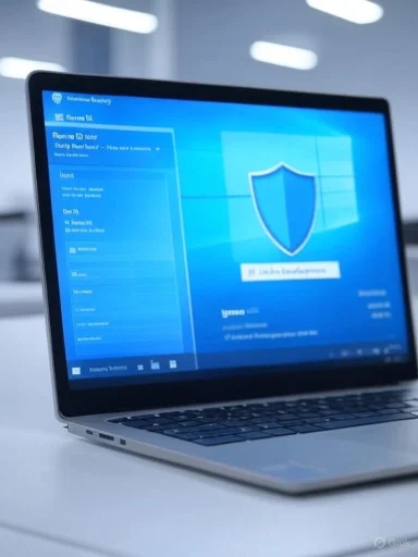 Laptop screen displaying Windows 10 with a large security shield icon.