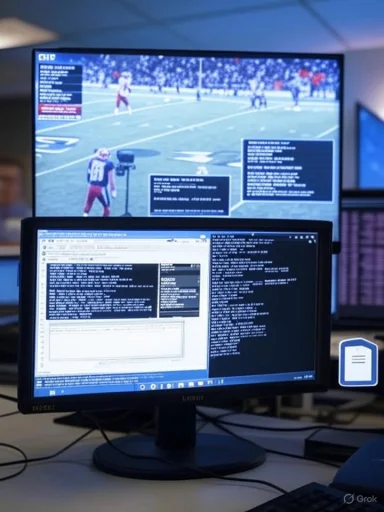 Dual-monitor setup: football game on top, coding windows on bottom.
