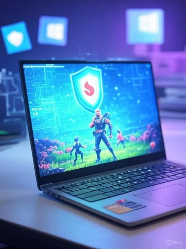 A laptop displays a sci-fi game with a shield emblem and heroic figures on a blue digital backdrop.