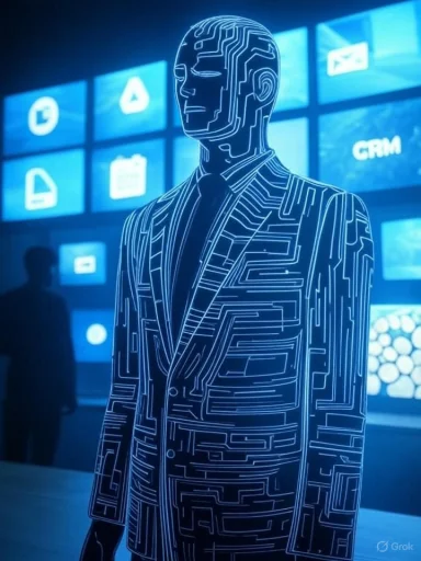 A neon blue holographic man in a circuit-pattern suit stands before digital screens.