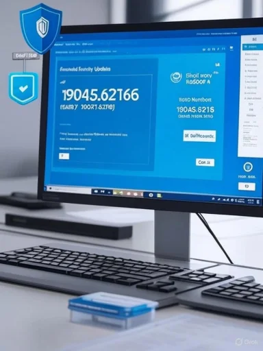 Desktop monitor shows a blue cybersecurity dashboard with shield icons.
