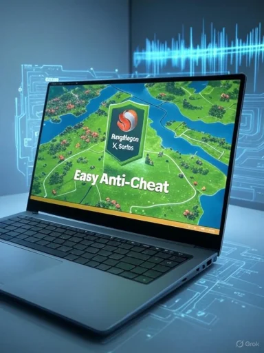 A laptop screen shows a colorful game map with the 'Easy Anti-Cheat' banner against a futuristic blue backdrop.