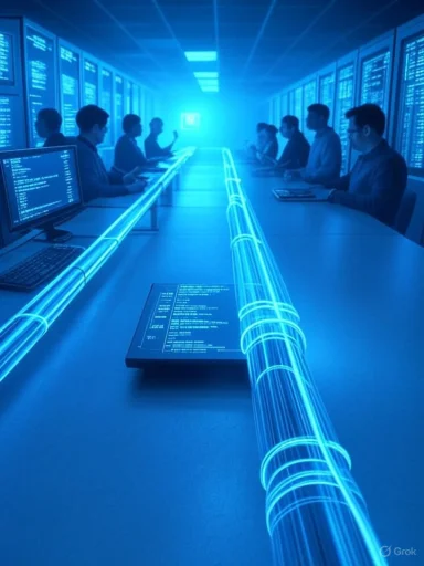 A futuristic data center with staff working at a long glowing blue console.
