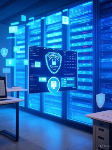 A futuristic data center with blue-lit servers and a floating holographic security dashboard.