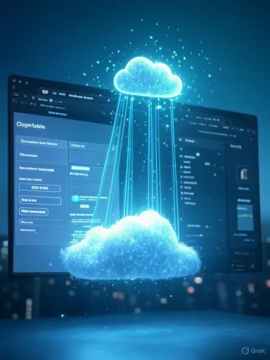 Glowing clouds connect to a computer screen, illustrating cloud computing.