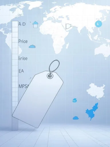 A large blank price tag hangs against a blue world-map backdrop, symbolizing global pricing.