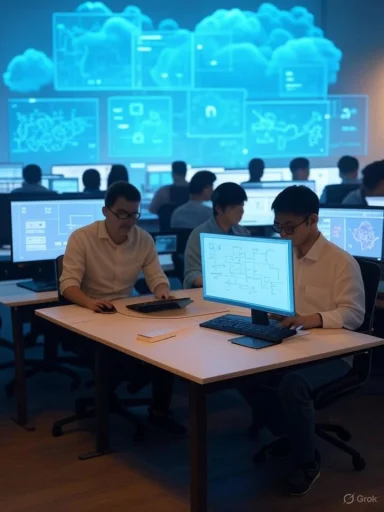 A busy control room with staff at desks, monitoring dashboards on blue holographic screens.