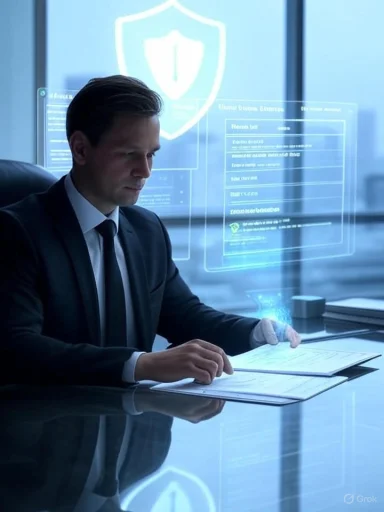 A businessman in a suit reviews documents while holographic security data floats above the desk.