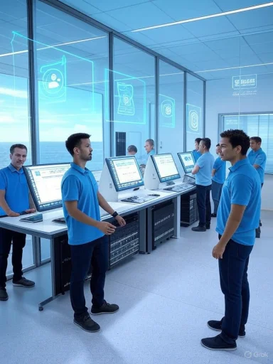 A futuristic control room with staff in blue shirts monitoring large touch-screen workstations.