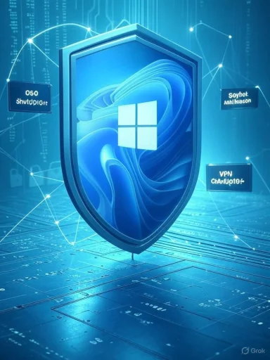 A glowing Windows shield defends a futuristic blue cyber network.