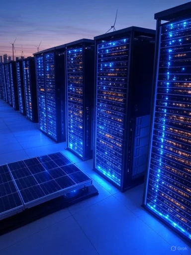 Row of blue-lit server racks on a rooftop data center with distant wind turbines.