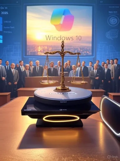 Windows 10 launch: golden scales of justice atop a computer, with suited professionals in the background.