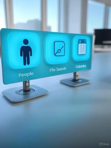 Three glowing blue desk icons labeled People, File Search, and Calendar.