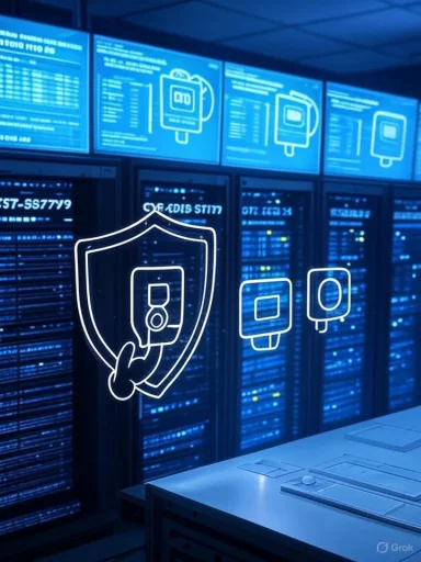 Blue-lit data center with rows of servers and a shield security icon overlay.
