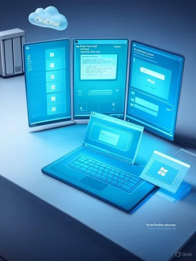 Futuristic blue cloud-based workstation with a laptop and curved multi-screen display.