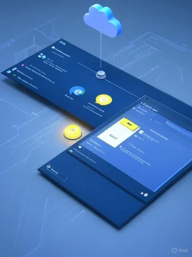 A blue-toned concept illustration of cloud storage UI on two tablets with a floating cloud icon above.