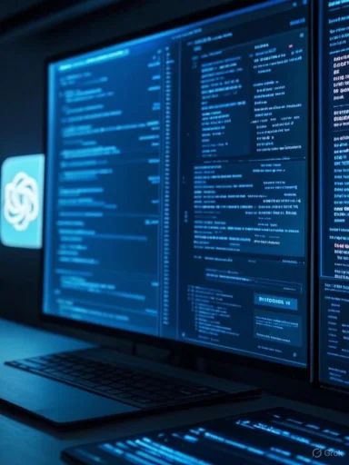 A multi-monitor coding setup with glowing blue code on the screens.