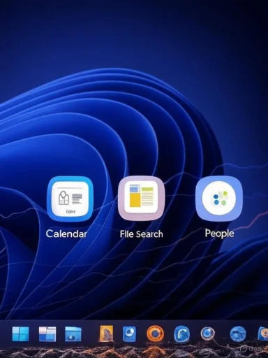 Blue abstract wallpaper with three app icons—Calendar, File Search, and People—on a dock.