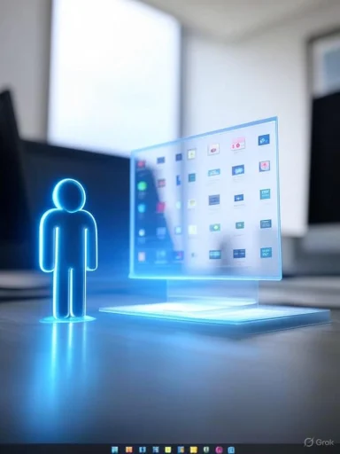 A neon blue holographic figure stands beside a transparent monitor displaying app icons.
